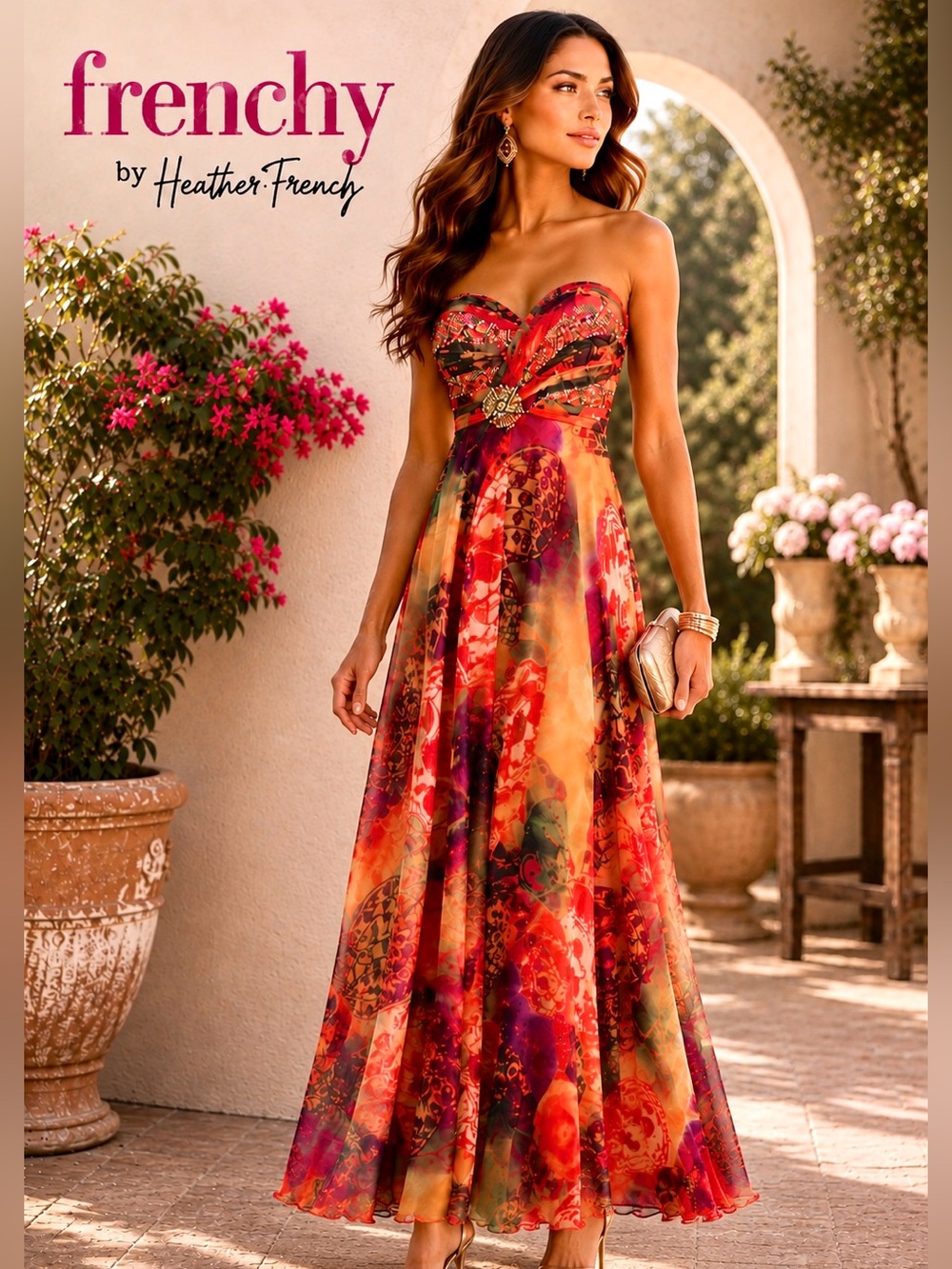 Vintage Frenchy Beaded Watercolor Chiffon Gown Orange Red EUC Size 4